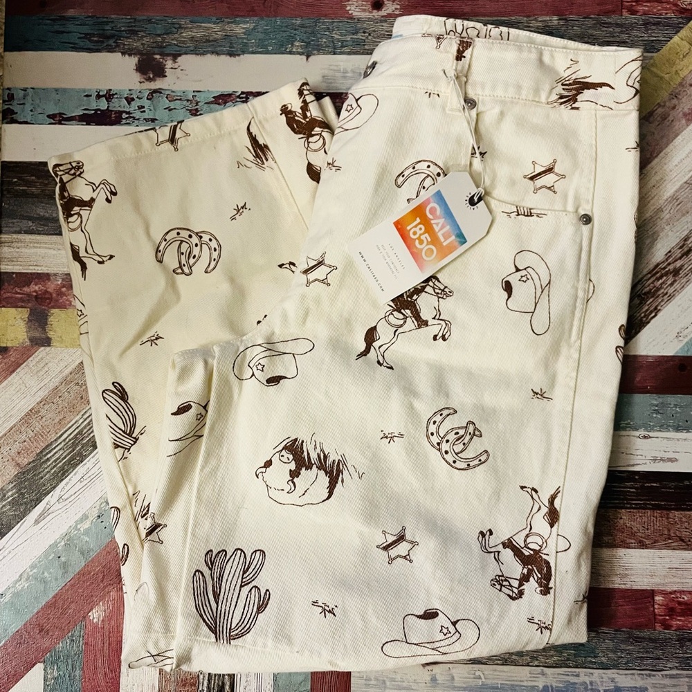 Cali 1850 Western All Over Printed Barrel Pants NWT Relaxed Crop Ivory/Brown 11 - Picture 4 of 12